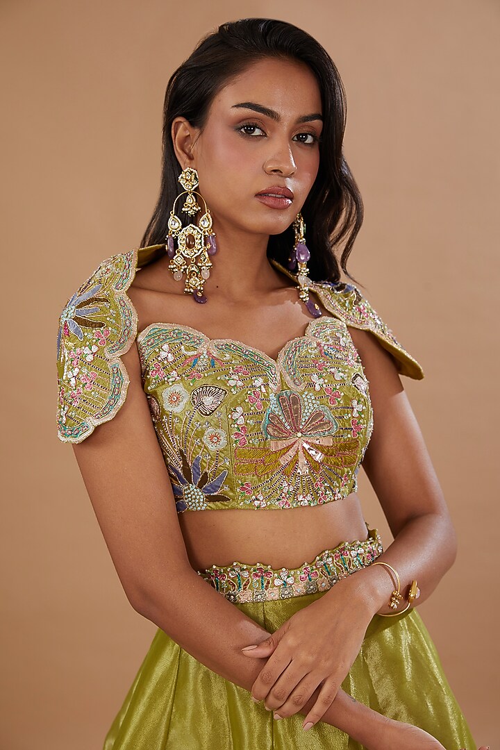 Olive Green Tissue Applique Embellished Bridal Lehenga Set by Aisha Rao at Pernia's Pop Up Shop