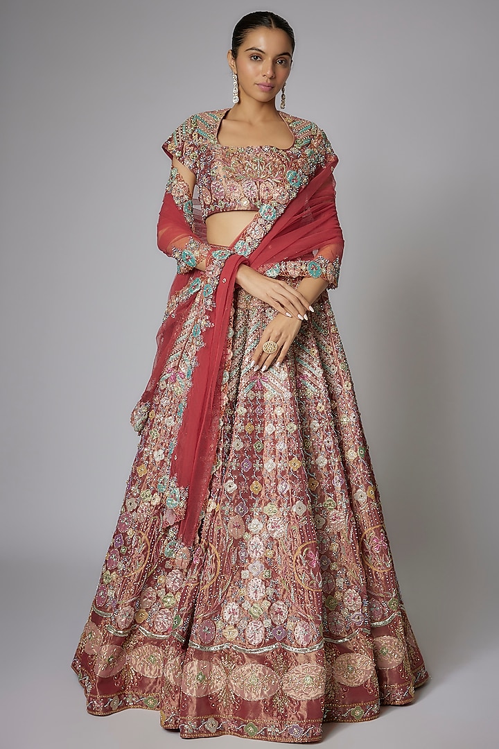 Red Tissue Applique Embellished Kalidar Bridal Lehenga Set by Aisha Rao at Pernia's Pop Up Shop