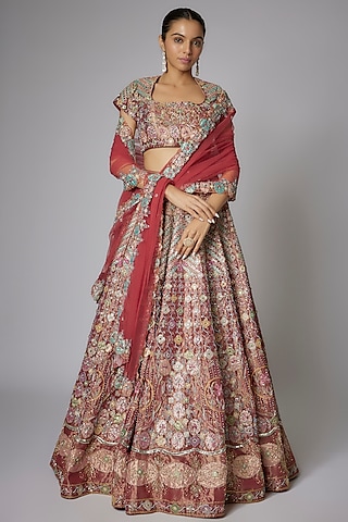 Red Tissue Applique Embellished Kalidar Lehenga Set by Aisha Rao