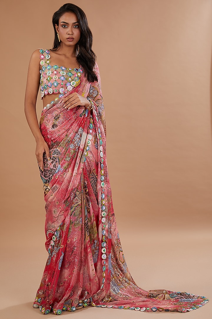 Multi-Colored Lurex Port Printed Saree Set by Aisha Rao at Pernia's Pop Up Shop
