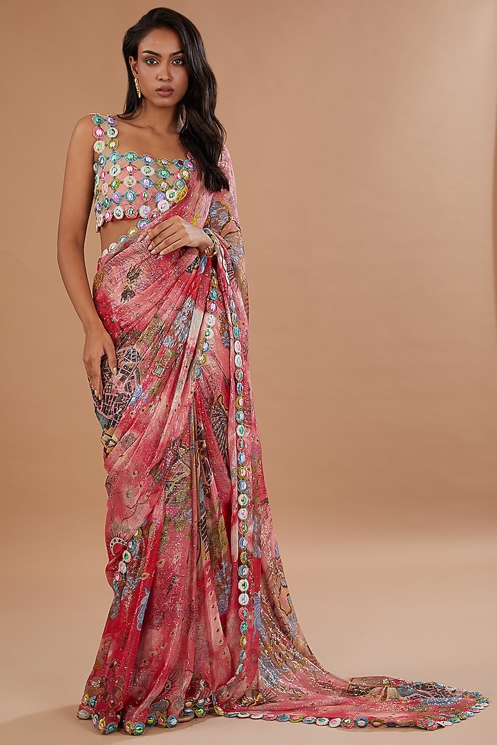 Multi-Colored Lurex Port Printed Saree Set by Aisha Rao