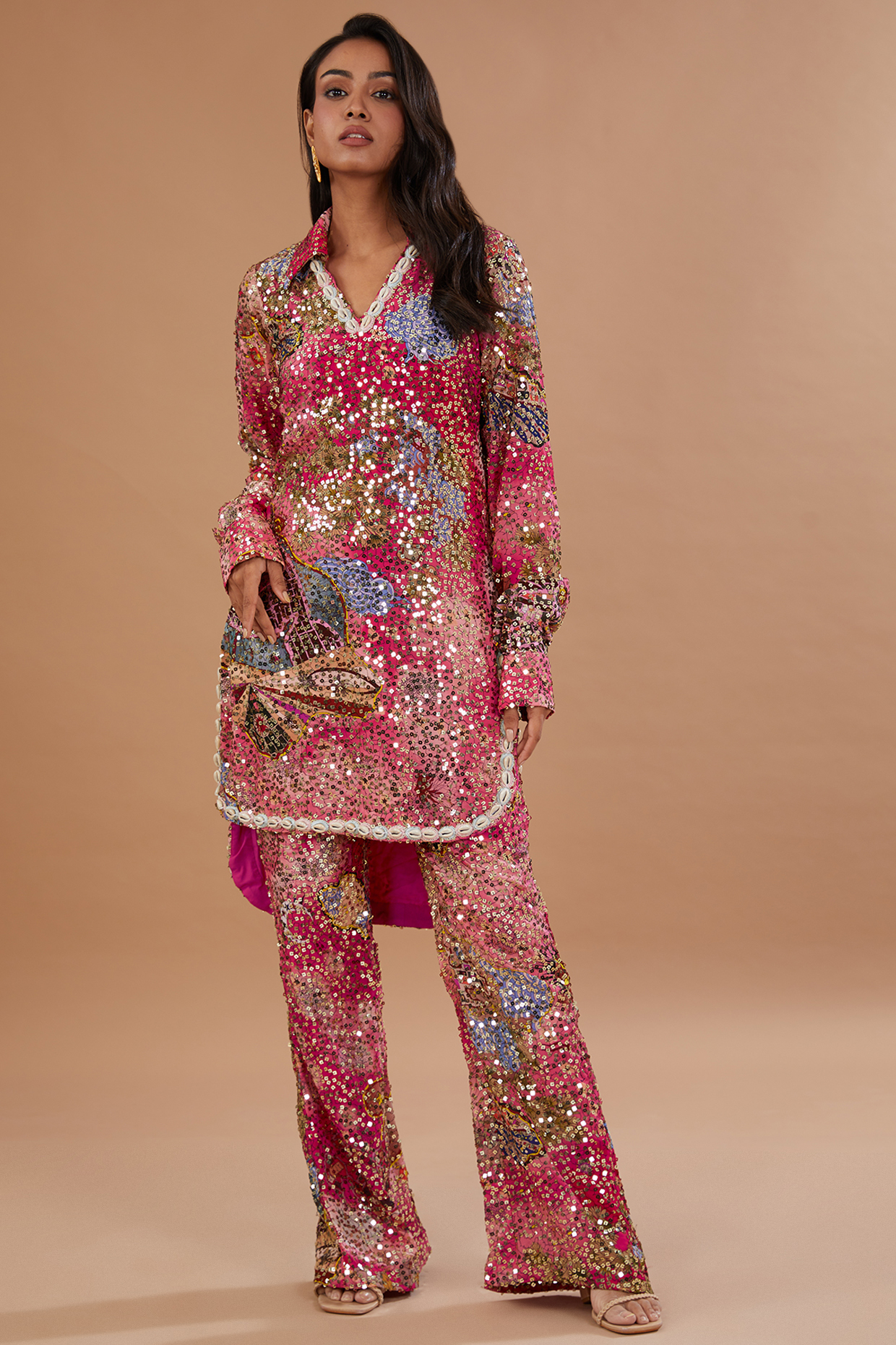 Multi-Colored Georgette Sequins Embroidered Tunic Set by Aisha Rao at Pernia's Pop Up Shop