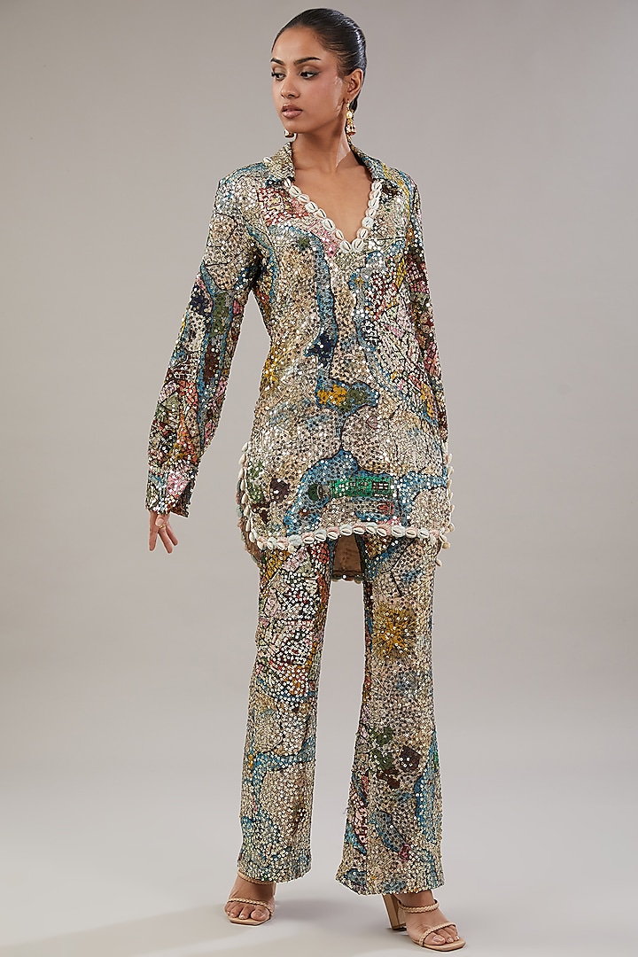 Beige Georgette Sequins Embroidered Tunic Set by Aisha Rao at Pernia's Pop Up Shop