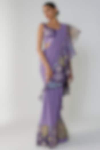 Purple Georgette Ruffled Reception Saree Set by Aisha Rao at Pernia's Pop Up Shop