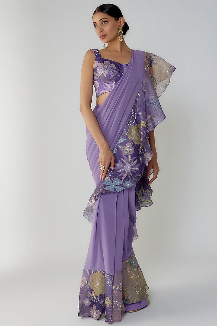 Purple Georgette Ruffled Reception Saree Set by Aisha Rao at Pernia's Pop Up Shop