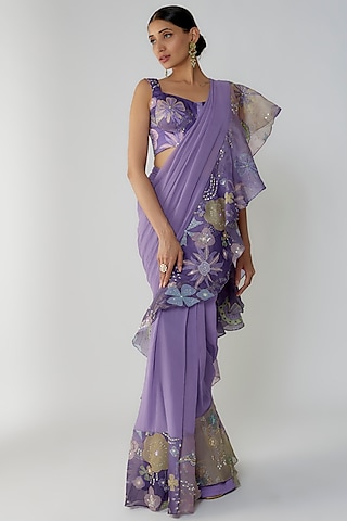 Purple Georgette Ruffled Saree Set by Aisha Rao