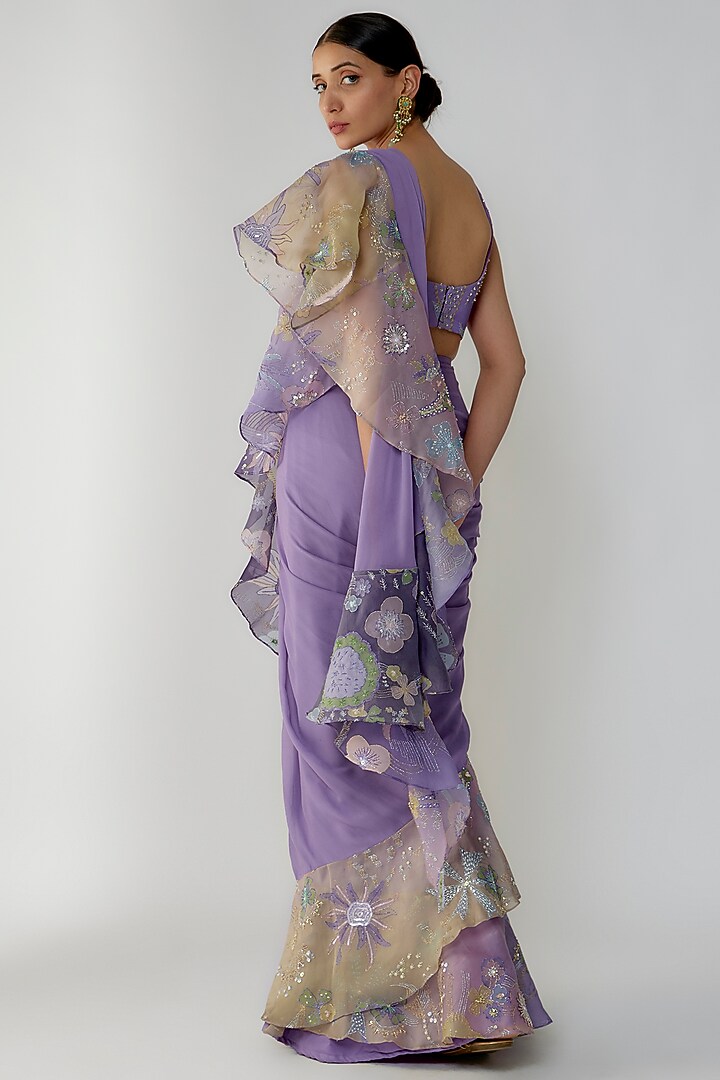 Purple Georgette Ruffled Reception Saree Set by Aisha Rao at Pernia's Pop Up Shop