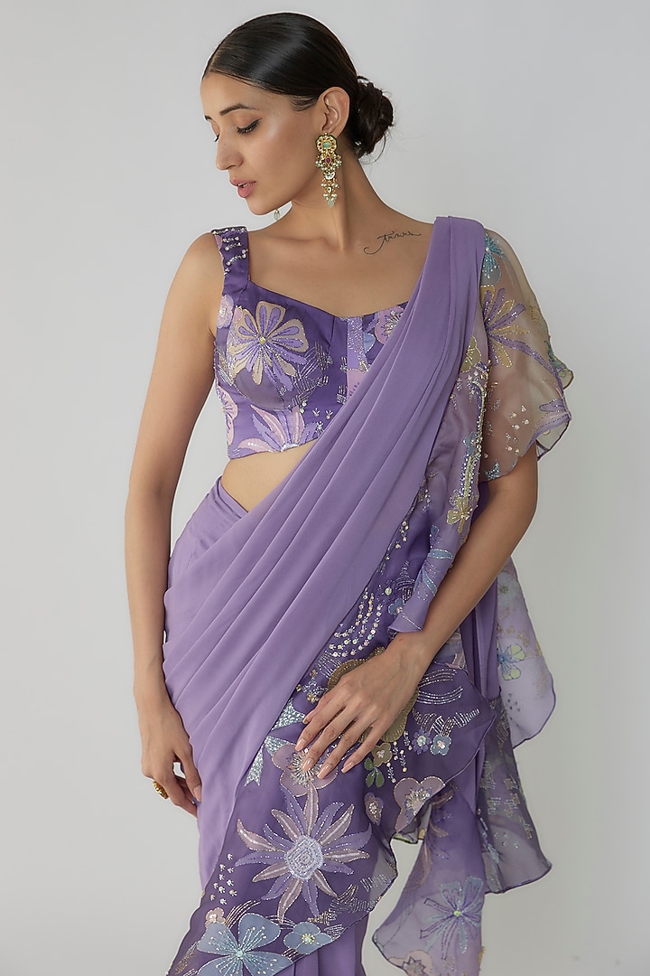 Purple Georgette Ruffled Reception Saree Set by Aisha Rao at Pernia's Pop Up Shop