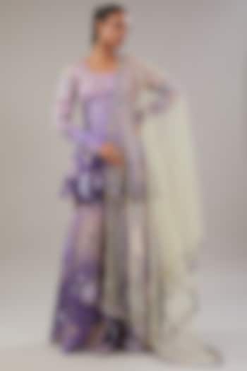 Mauve Indian Organza Printed & Embellished Bridal Sharara Set by Aisha Rao at Pernia's Pop Up Shop
