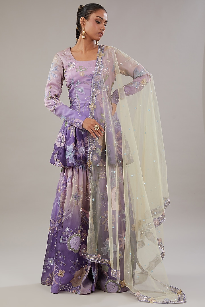 Mauve Indian Organza Printed & Embellished Bridal Sharara Set by Aisha Rao at Pernia's Pop Up Shop