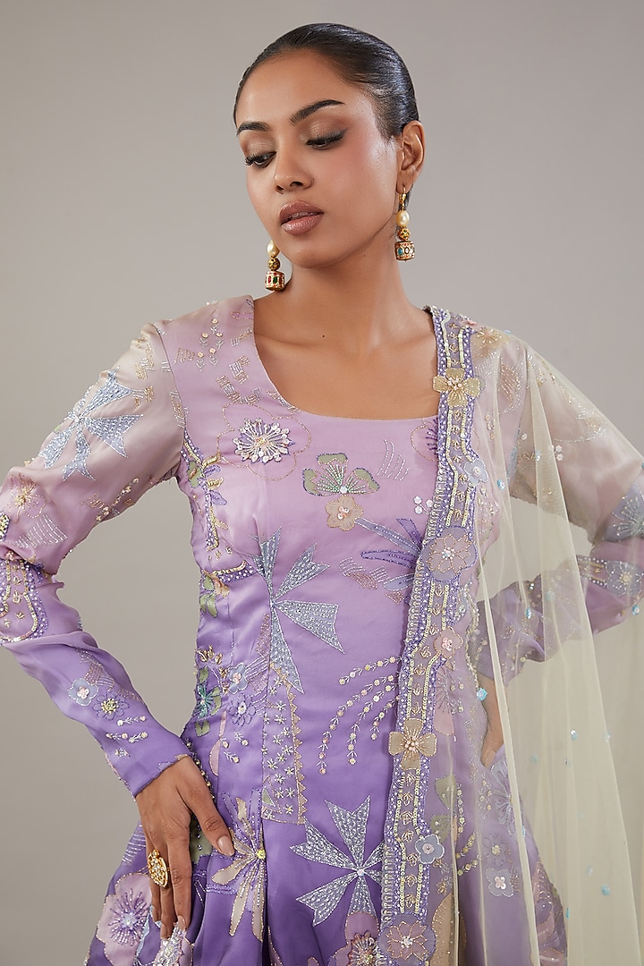 Mauve Indian Organza Printed & Embellished Bridal Sharara Set by Aisha Rao at Pernia's Pop Up Shop