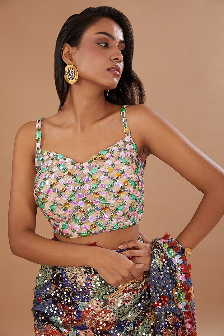 Multi-Colored Georgette Sequins Embroidered Bridal Saree Set by Aisha Rao at Pernia's Pop Up Shop
