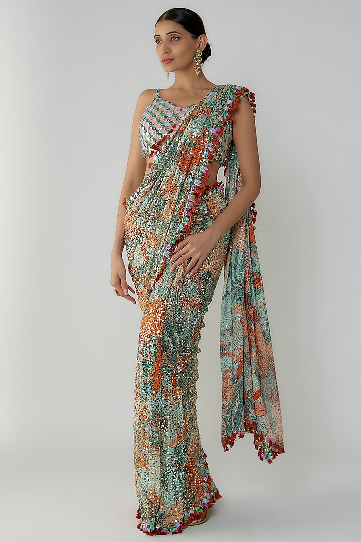 Multi-Colored Georgette Sequins Embroidered Saree Set by Aisha Rao at Pernia's Pop Up Shop