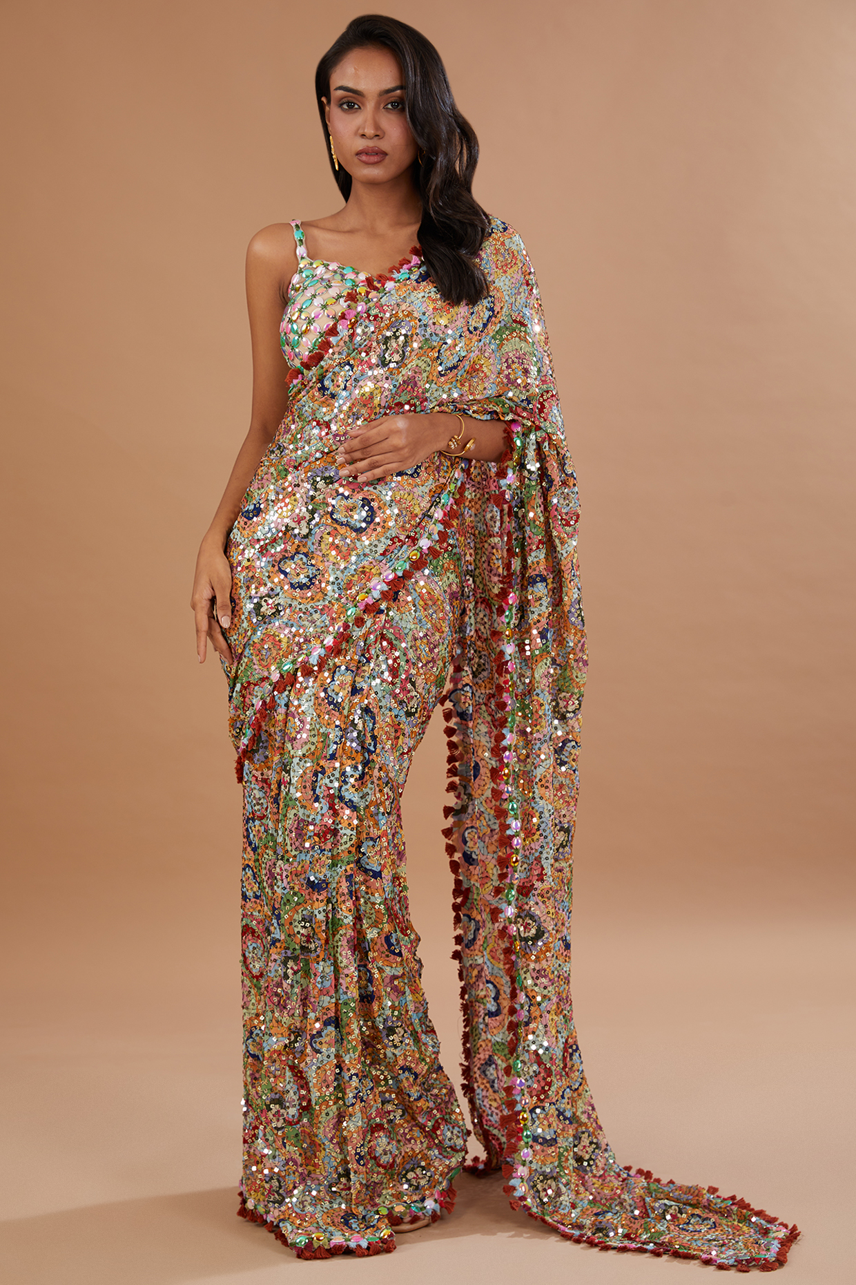 Multi-Colored Georgette Sequins Embroidered Saree Set by Aisha Rao at Pernia's Pop Up Shop
