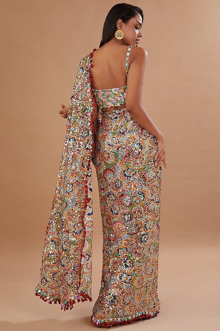 Multi-Colored Georgette Sequins Embroidered Bridal Saree Set by Aisha Rao at Pernia's Pop Up Shop