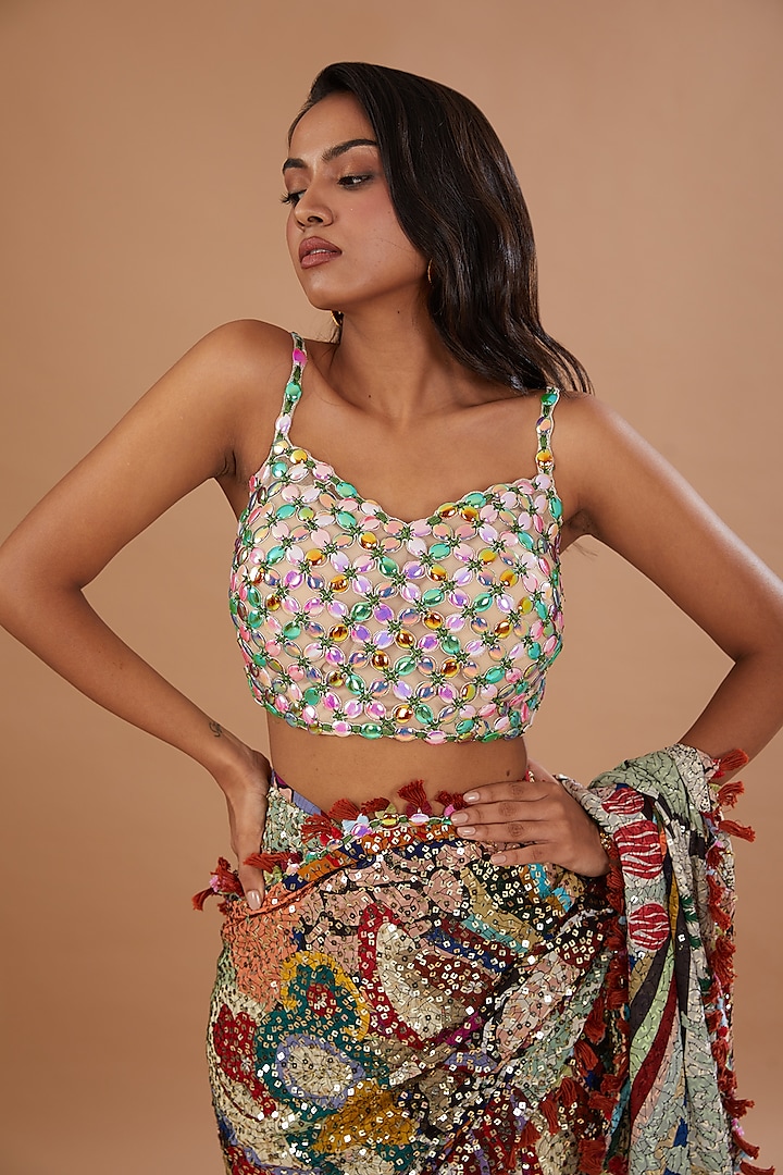 Multi-Colored Georgette Sequins Embroidered Bridal Saree Set by Aisha Rao at Pernia's Pop Up Shop