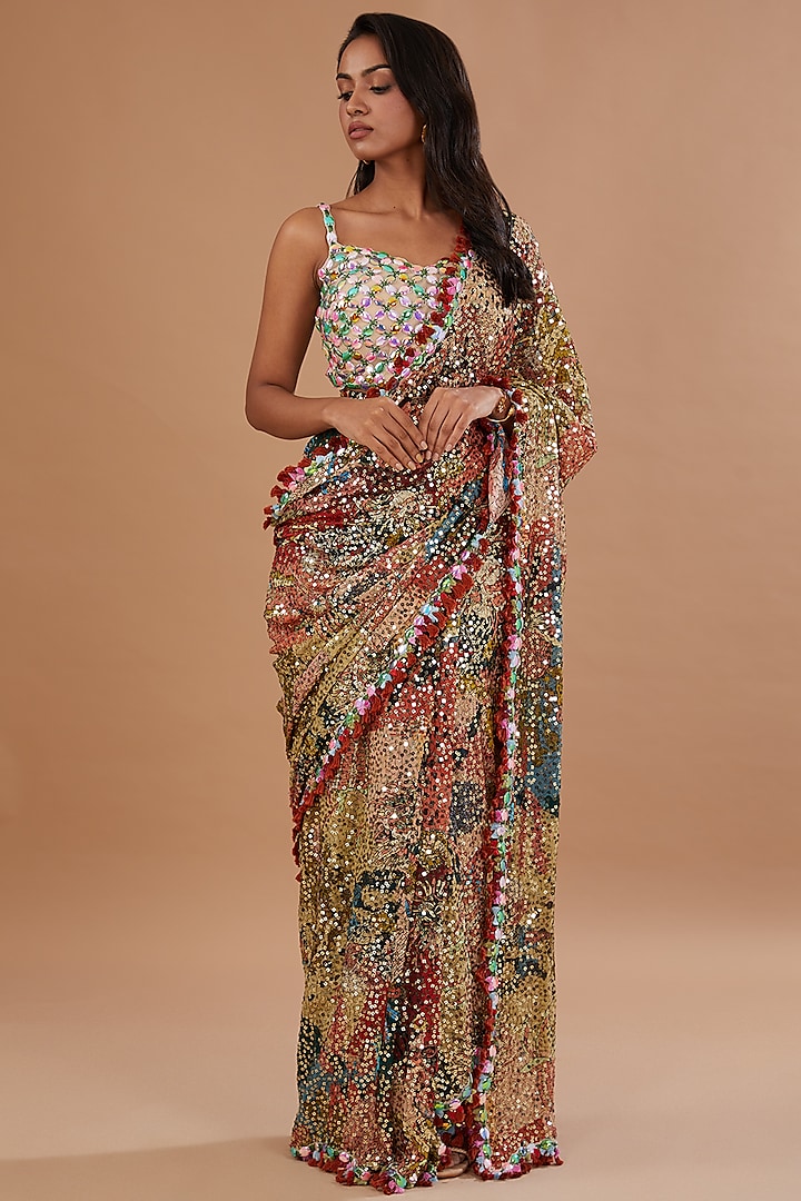 Multi-Colored Georgette Sequins Embroidered Saree Set by Aisha Rao at Pernia's Pop Up Shop