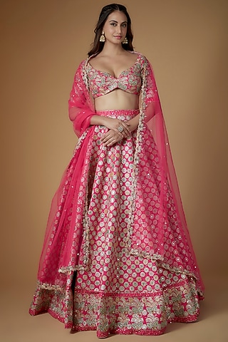 Pink Raw Silk Embellished Lehenga Set by Aisha Rao