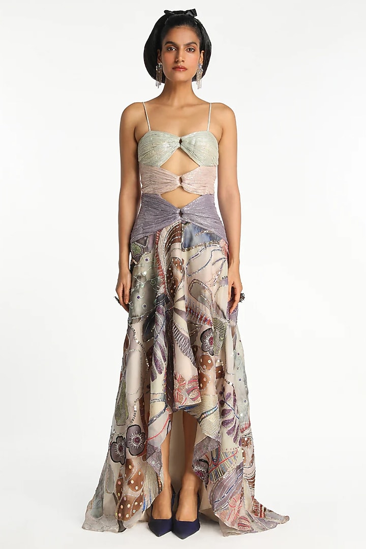 Mist Purple Organza Printed & Embroidered Gathered Wedding Gown by Aisha Rao at Pernia's Pop Up Shop