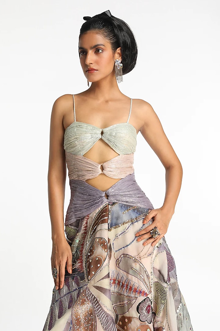 Mist Purple Organza Printed & Embroidered Gathered Wedding Gown by Aisha Rao at Pernia's Pop Up Shop