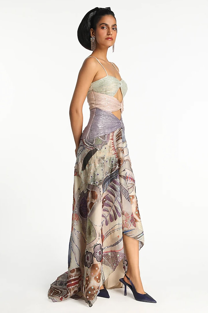Mist Purple Organza Printed & Embroidered Gathered Wedding Gown by Aisha Rao at Pernia's Pop Up Shop