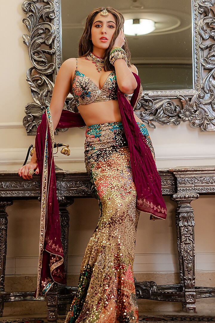 Multi-Colored Sequins Asymmetric Fish-Tail Skirt Set by Aisha Rao at Pernia's Pop Up Shop