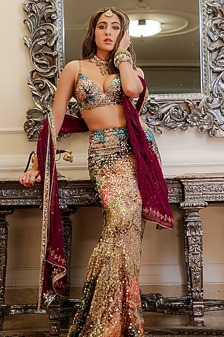 Multi-Colored Sequins Asymmetric Fish-Tail Skirt Set by Aisha Rao