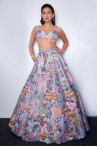 Blue Tissue Applique Embellished Lehenga Set by Aisha Rao