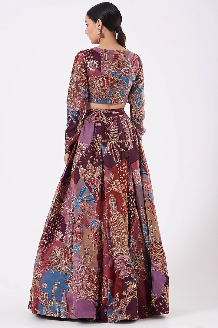Plum Organza Printed & Embellished Bridal Lehenga Set by Aisha Rao at Pernia's Pop Up Shop