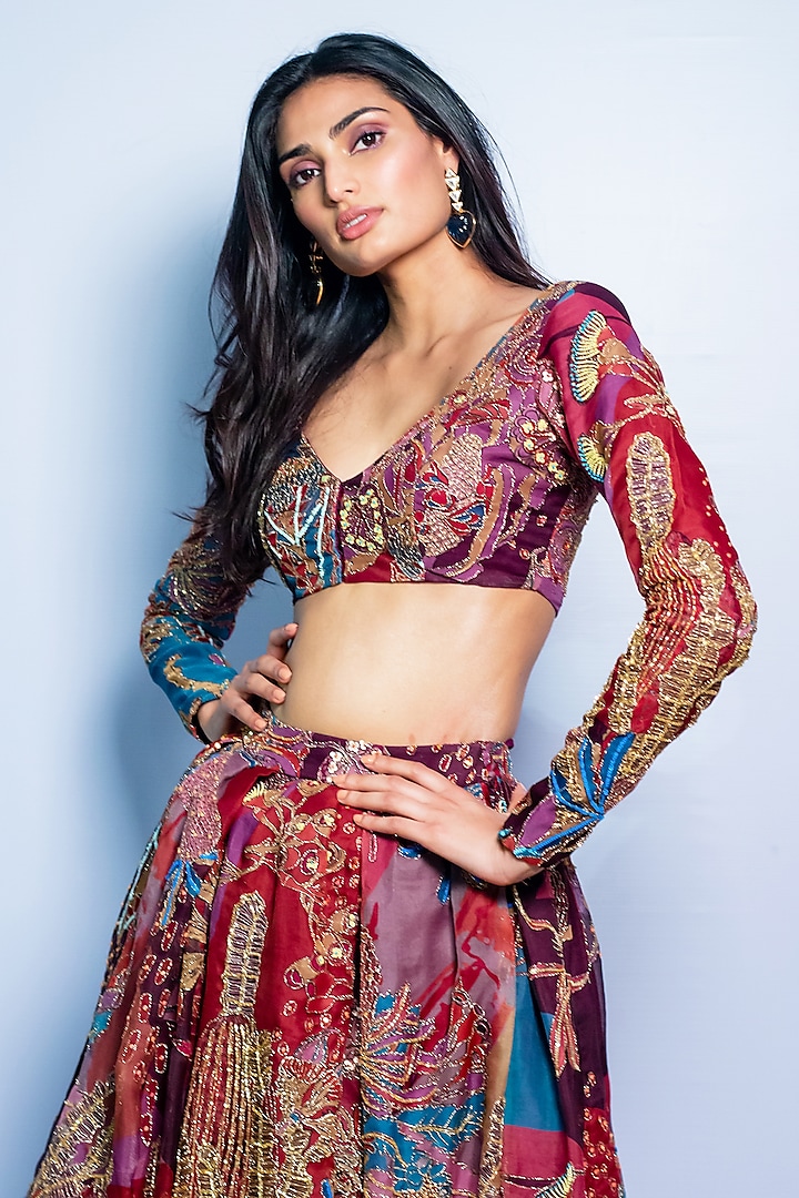 Plum Organza Printed & Embellished Bridal Lehenga Set by Aisha Rao at Pernia's Pop Up Shop