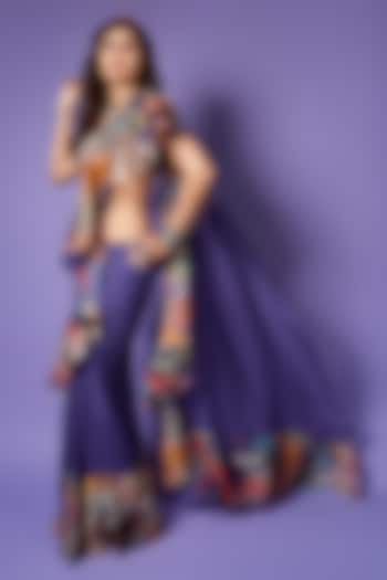 Violet Satin Organza Printed & Embellished Ruffled Reception Saree Set by Aisha Rao at Pernia's Pop Up Shop