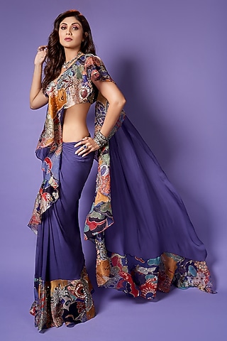 Violet Satin Organza Printed & Embellished Ruffled Saree Set by Aisha Rao