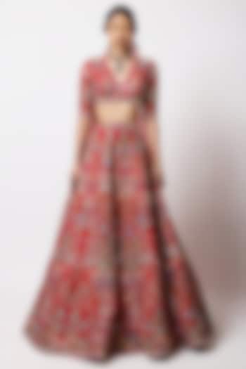 Red Raw Silk Applique Embellished Bridal Lehenga Set by Aisha Rao at Pernia's Pop Up Shop