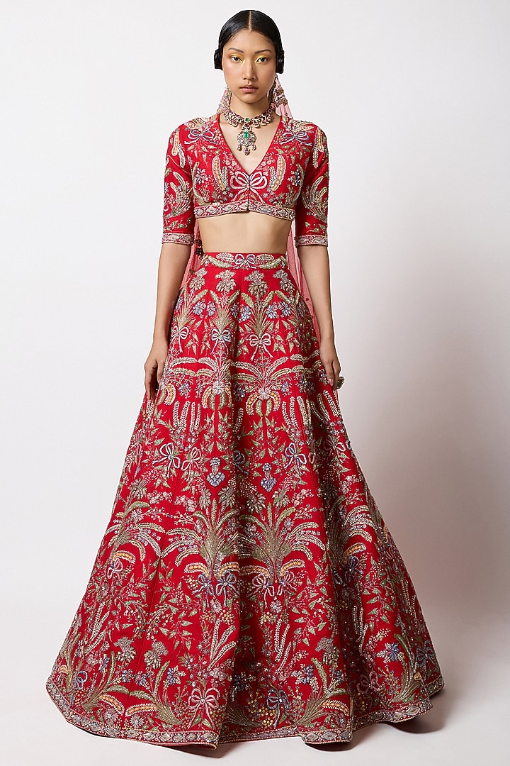 Red Raw Silk Applique Embellished Bridal Lehenga Set by Aisha Rao at Pernia's Pop Up Shop