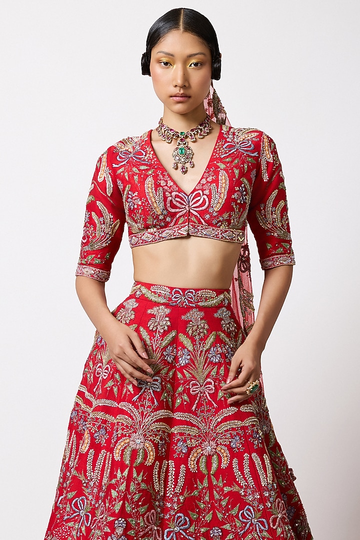 Red Raw Silk Applique Embellished Bridal Lehenga Set by Aisha Rao at Pernia's Pop Up Shop