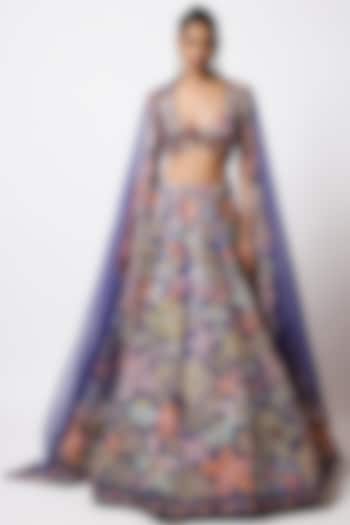 Electric Blue Kasab Satin Printed & Applique Embellished Bridal Lehenga Set by Aisha Rao at Pernia's Pop Up Shop