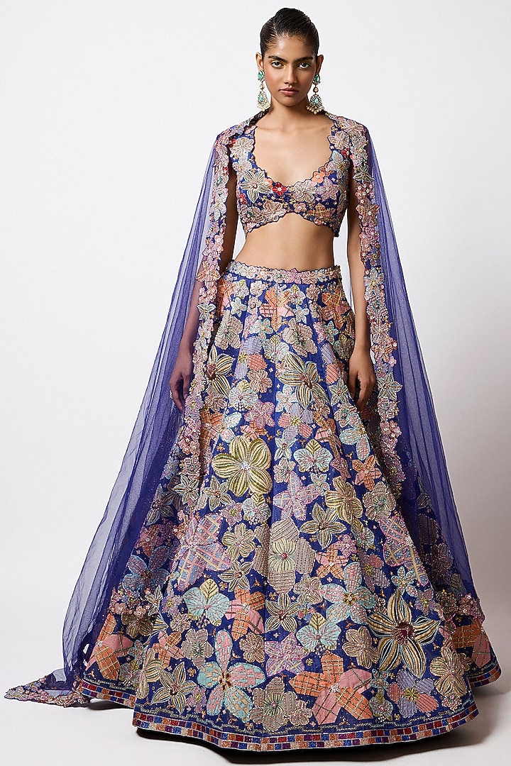 Electric Blue Kasab Satin Printed & Applique Embellished Bridal Lehenga Set by Aisha Rao at Pernia's Pop Up Shop