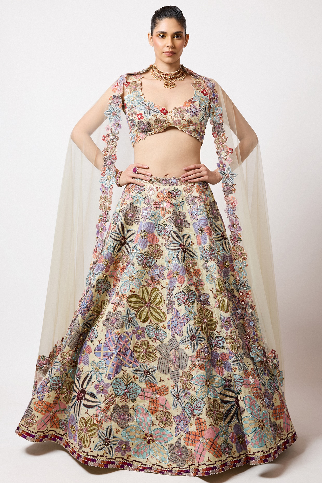 Aisha Rao Ivory Kasab Satin Printed & Applique Embellished Lehenga Set