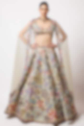 Ivory Kasab Satin Printed & Applique Embellished Bridal Lehenga Set by Aisha Rao at Pernia's Pop Up Shop