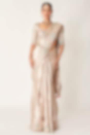 Rose Champagne Banarasi Tissue Brocade Applique Embellished Bridal Saree Set by Aisha Rao at Pernia's Pop Up Shop