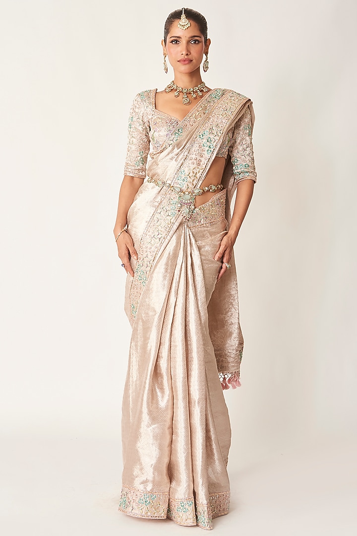 Rose Champagne Banarasi Tissue Brocade Applique Embellished Bridal Saree Set by Aisha Rao at Pernia's Pop Up Shop