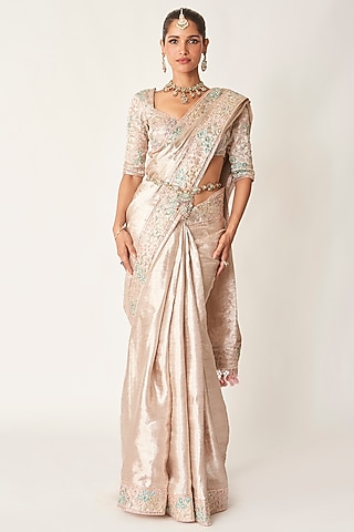 Rose Champagne Banarasi Tissue Brocade Applique Embellished Saree Set by Aisha Rao