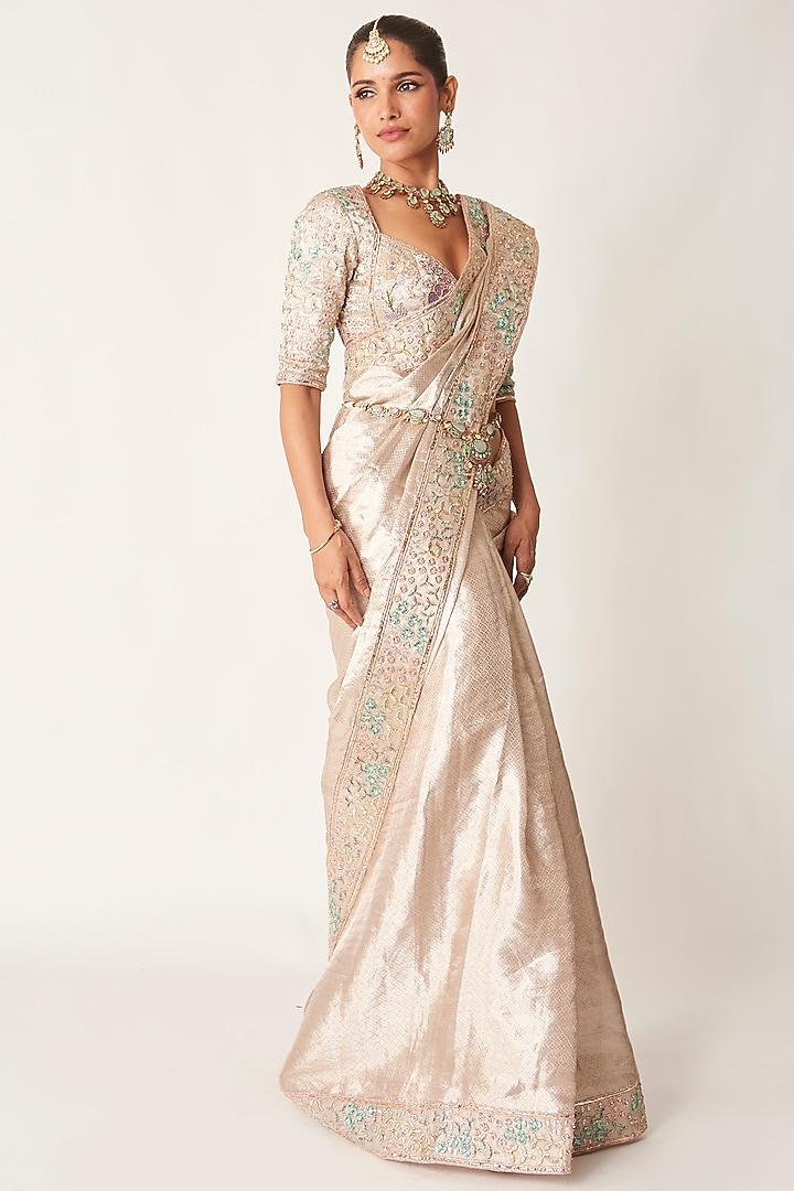 Rose Champagne Banarasi Tissue Brocade Applique Embellished Bridal Saree Set by Aisha Rao at Pernia's Pop Up Shop