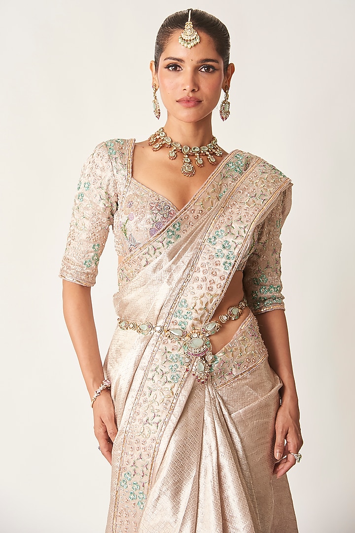 Rose Champagne Banarasi Tissue Brocade Applique Embellished Bridal Saree Set by Aisha Rao at Pernia's Pop Up Shop