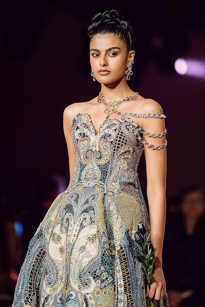 Black Mesh Jaal Applique Embellished Strapless Ball Bridal Gown by Aisha Rao at Pernia's Pop Up Shop