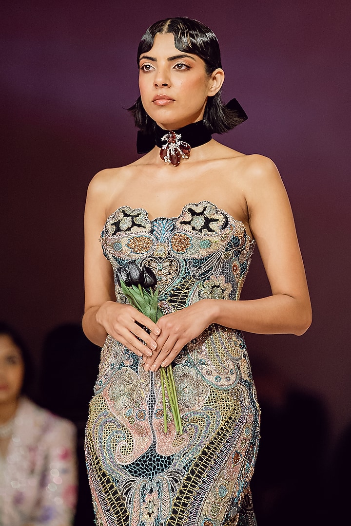 Black Mesh Jaal Applique Embellished Strapless Bridal Gown by Aisha Rao at Pernia's Pop Up Shop