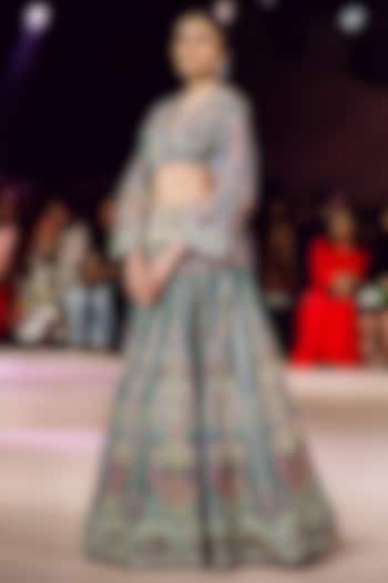 Grey Mesh Jaal Applique Embellished Bridal Lehenga Set by Aisha Rao at Pernia's Pop Up Shop