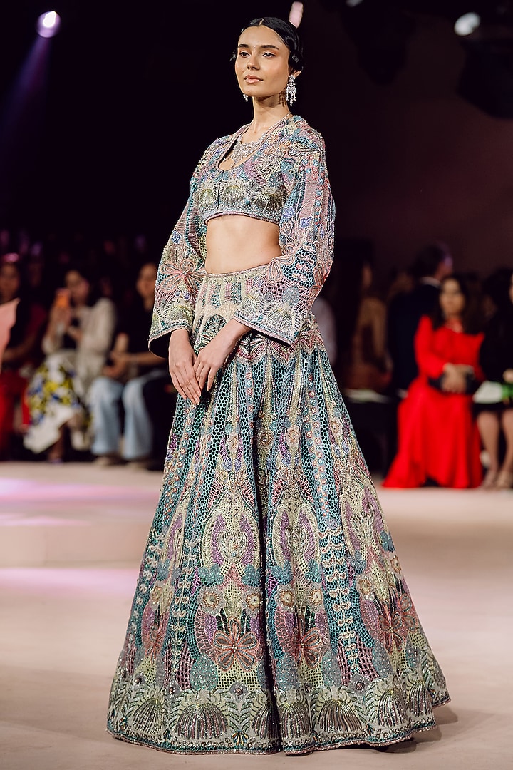 Grey Mesh Jaal Applique Embellished Bridal Lehenga Set by Aisha Rao at Pernia's Pop Up Shop