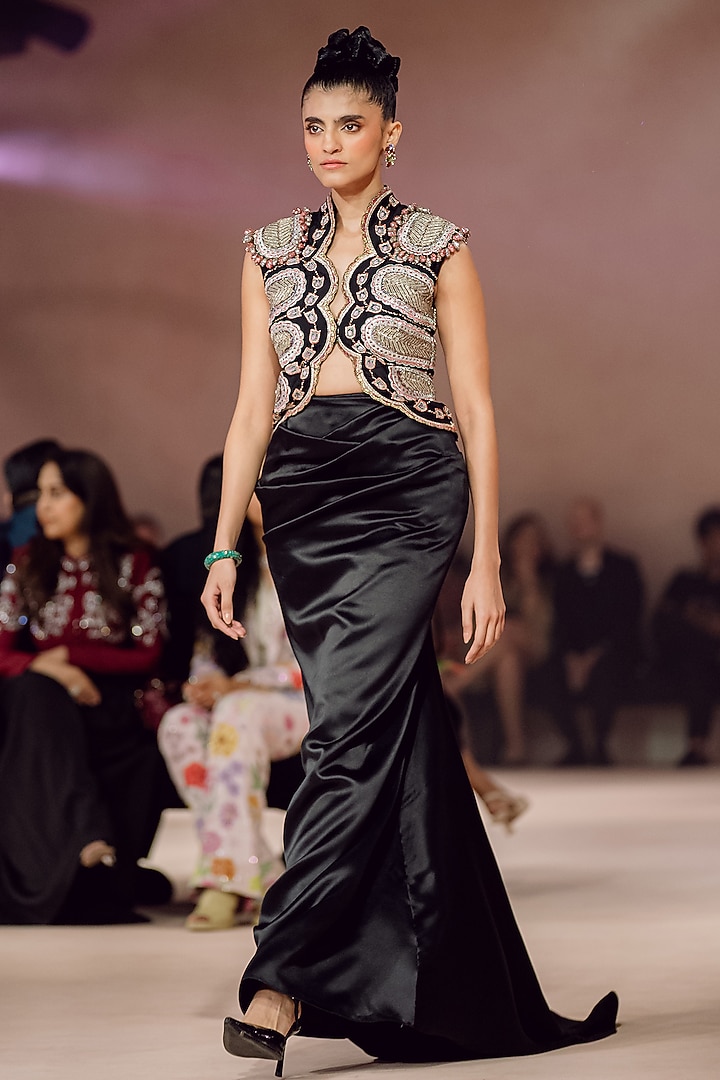 Black Dutch Satin Draped Mermaid Skirt Set by Aisha Rao at Pernia's Pop Up Shop