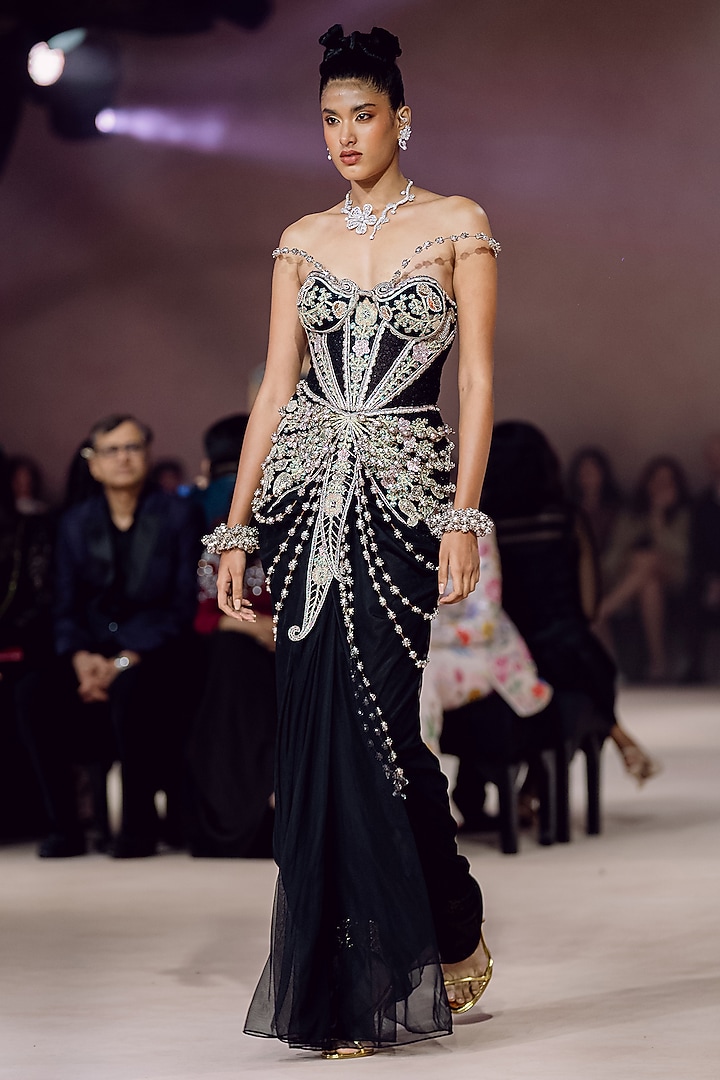 Black Tulle & Mesh Applique Embellished Strapless Corset Bridal Gown by Aisha Rao at Pernia's Pop Up Shop